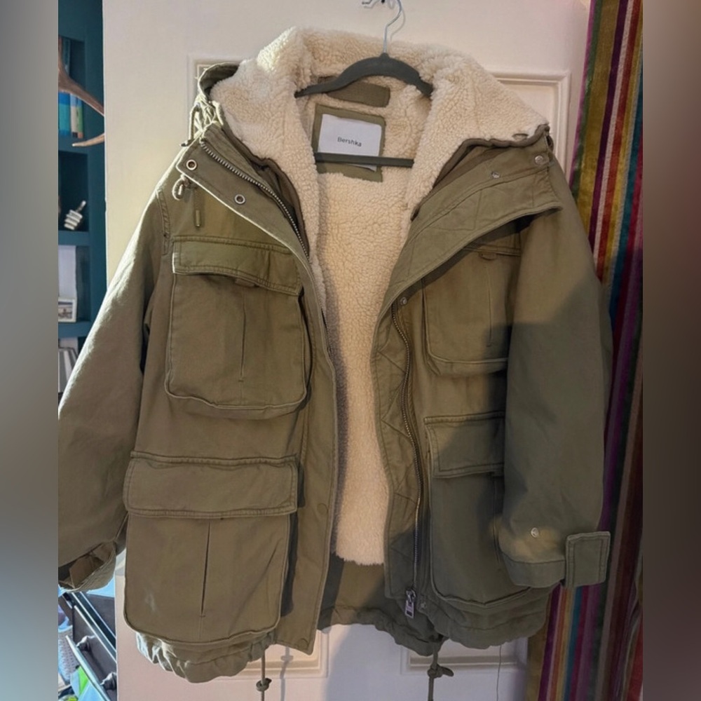Bershka Khaki Jacket with Sherpa Lining